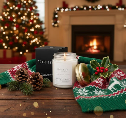 Craft & Kin Patchouli & Amber Christmas Candle — 8 oz, 45-Hour Burn, Natural Soy + Woodwick | Holiday Gifts
