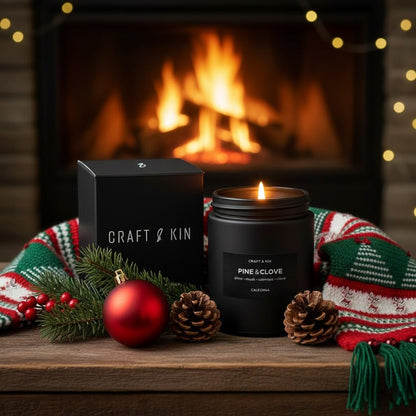 Craft & Kin Premium Pine & Clove Candle | Black Christmas Scented Soy Candle – 7.6oz, 45 Hour Burn Time