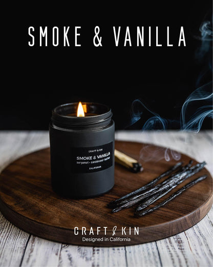 Craft & Kin Smoke & Vanilla Candle – Black Scent for Men, 7.6oz Soy, 45h Burn