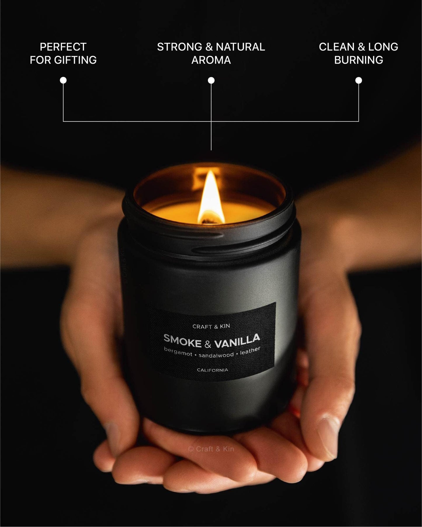 Craft & Kin Smoke & Vanilla Candle – Black Scent for Men, 7.6oz Soy, 45h Burn