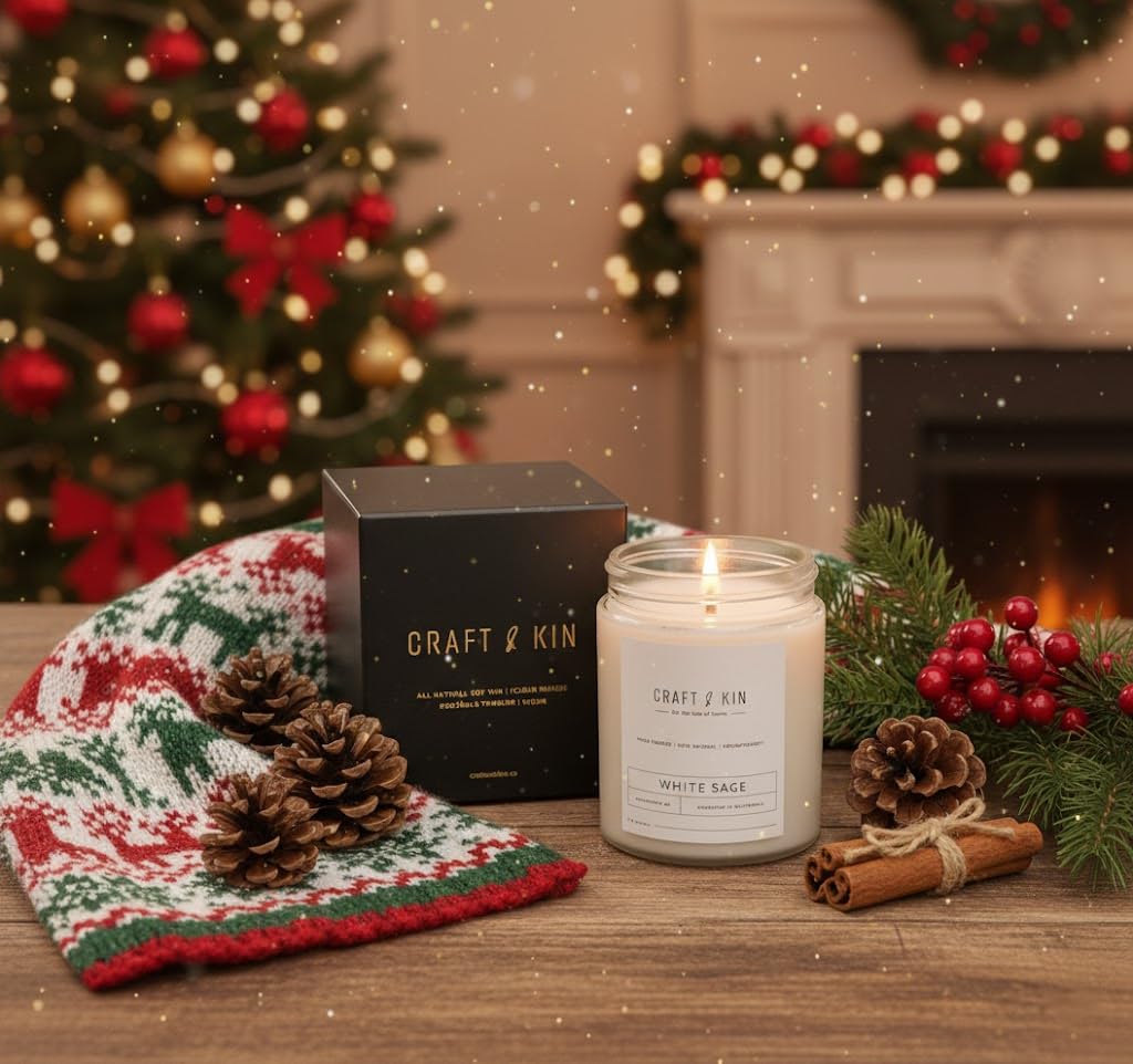 Craft & Kin White Sage Christmas Candles - 8 oz Soy Woodwick, 45 Hour Burn
