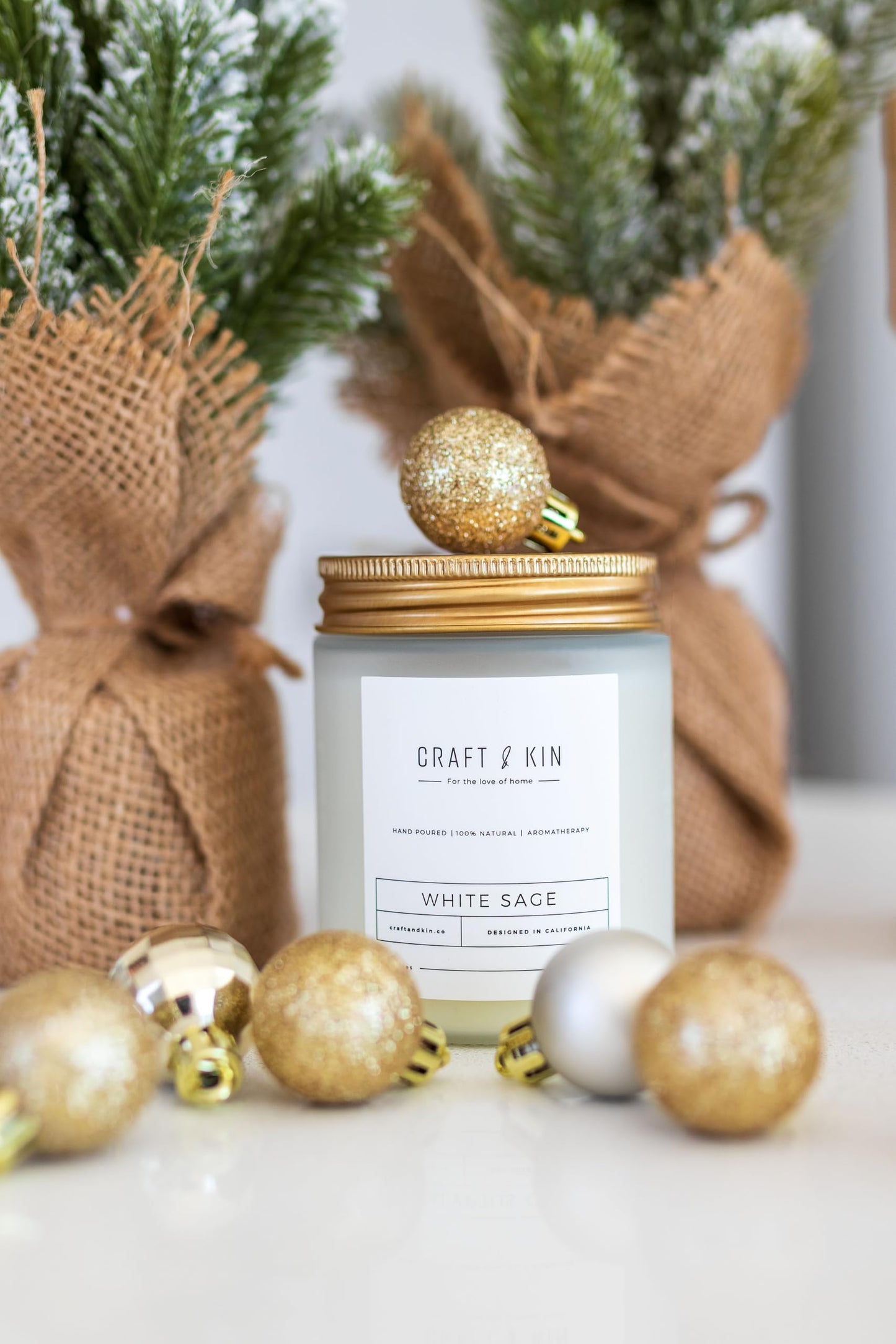 Craft & Kin White Sage Christmas Candles - 8 oz Soy Woodwick, 45 Hour Burn