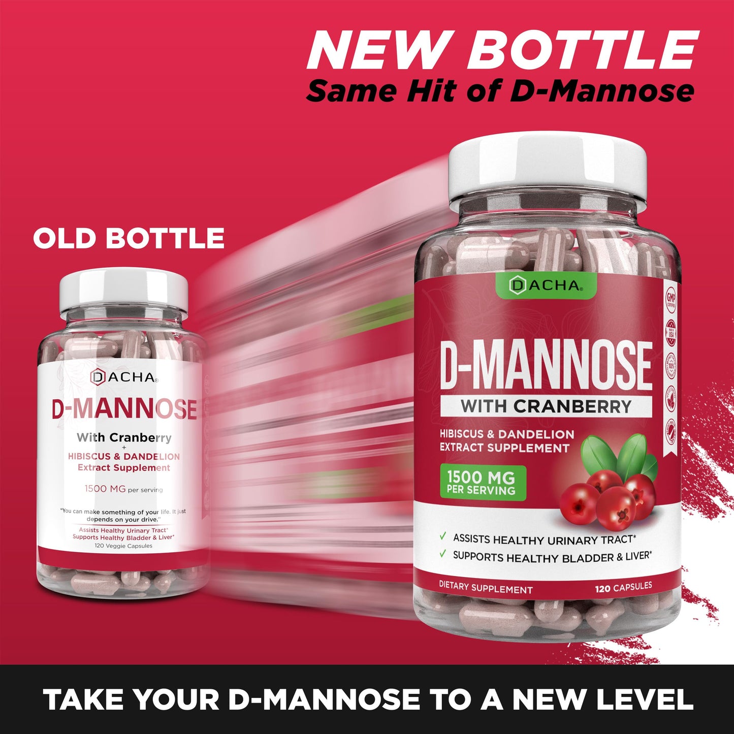 Natural D-Mannose Capsules 4-in-1 Formula - 120 Caps | 1500 mg Cranberry, Dandelion & Hibiscus