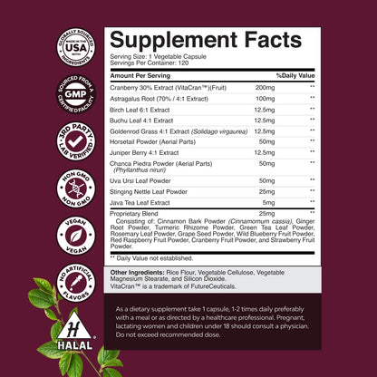Advanced Kidney Support Supplement - Cranberry Uva Ursi Astragalus & Nettle for Kidney Health - Urinary Tract Support - 120 Caps