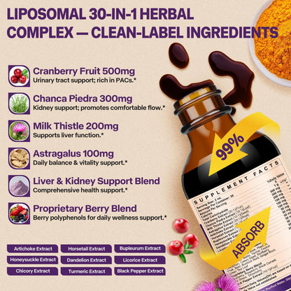 30-in-1 Kidney & Liver Cleanse Drops – Cranberry, Milk Thistle & Chanca Piedra | Vegan Blueberry 2-Pack