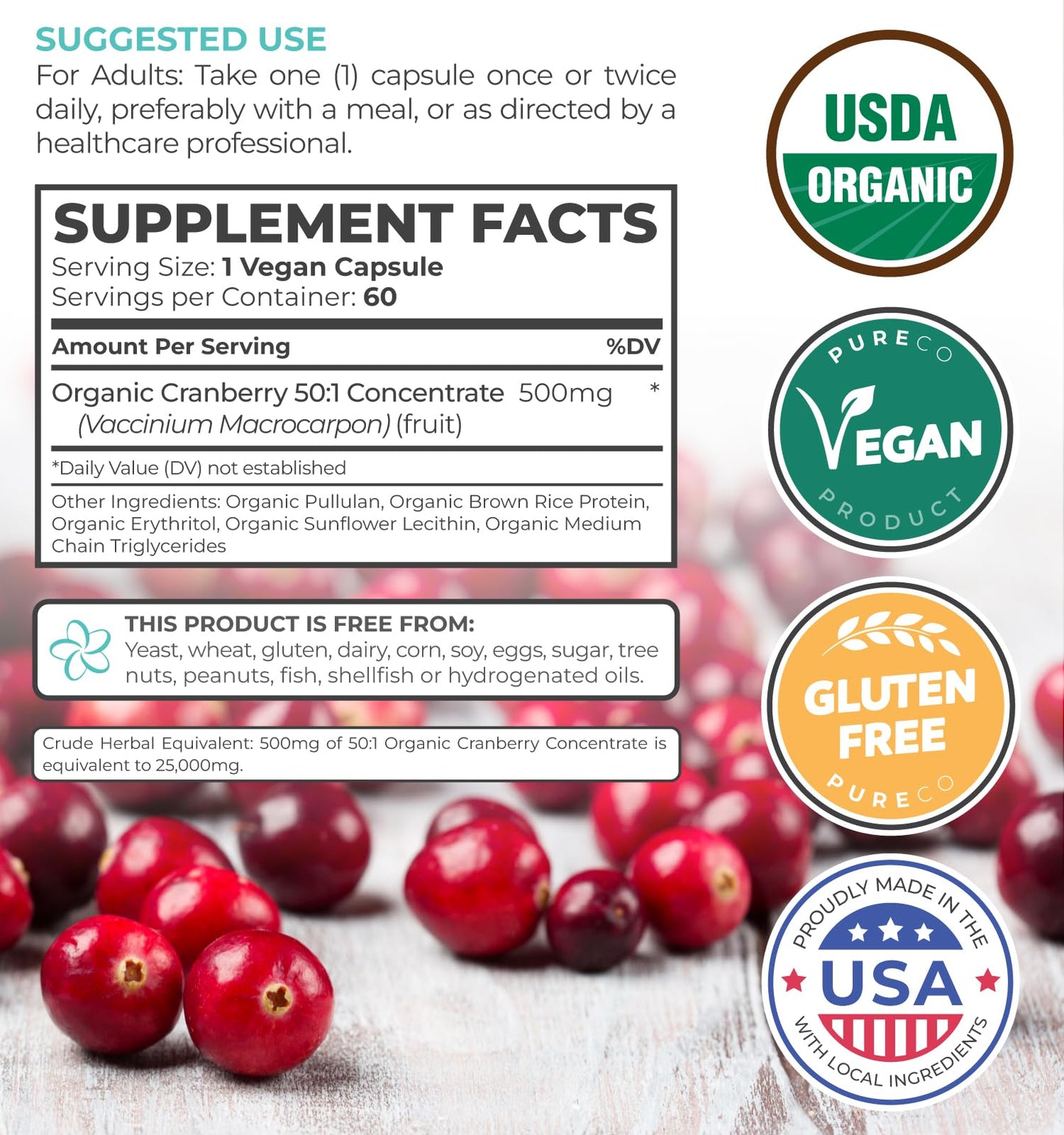 Organic Cranberry Pills 50:1 Concentrate – 25,000mg, Vegan, 60 Capsules