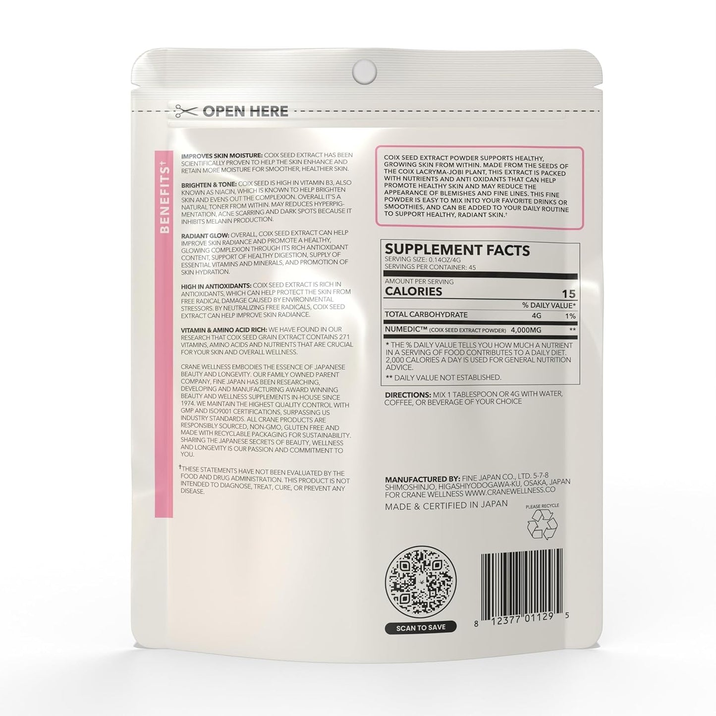 CRANE WELLNESS Coix Seed Extract Powder – 100% Pure Non-GMO, Made in Japan