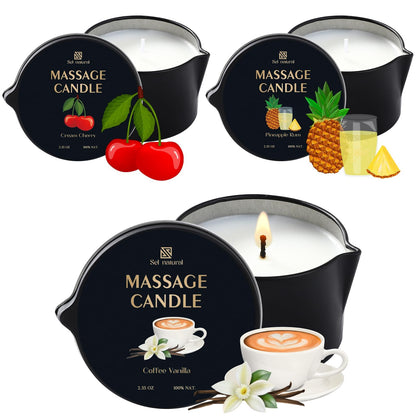 3 Pack Massage Oil Candles 2.35oz – Low Temp Wax (Cream Cherry, Coffee Vanilla, Pineapple Rum)