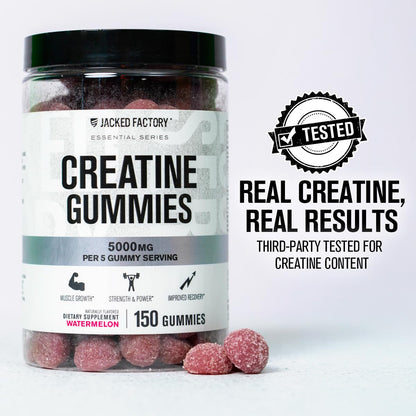 Jacked Factory Creatine Monohydrate Gummies 5g Daily Dose – 150 Watermelon Gummies | Vegan, Travel-Friendly, Third-Party Tested