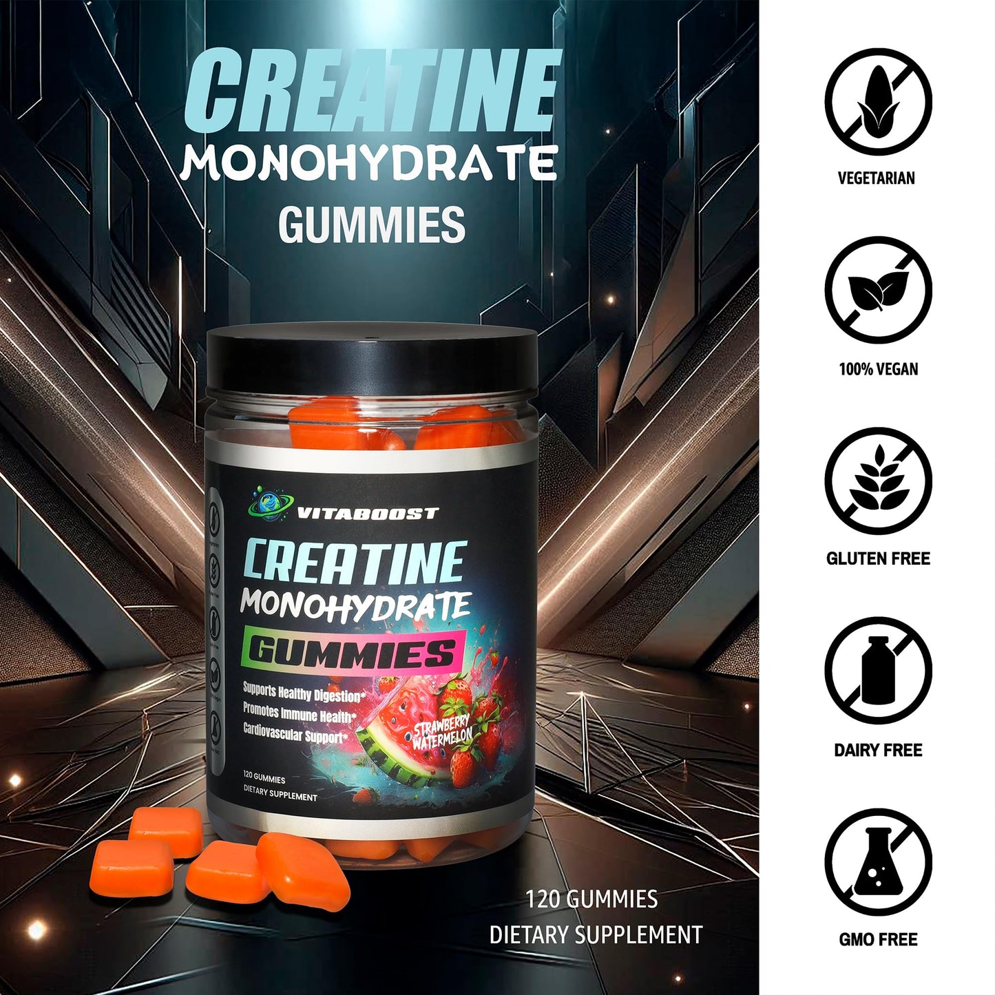 Creatine Gummies 5g Monohydrate – Vegan Pre-Workout (Strawberry Watermelon) – Made in USA