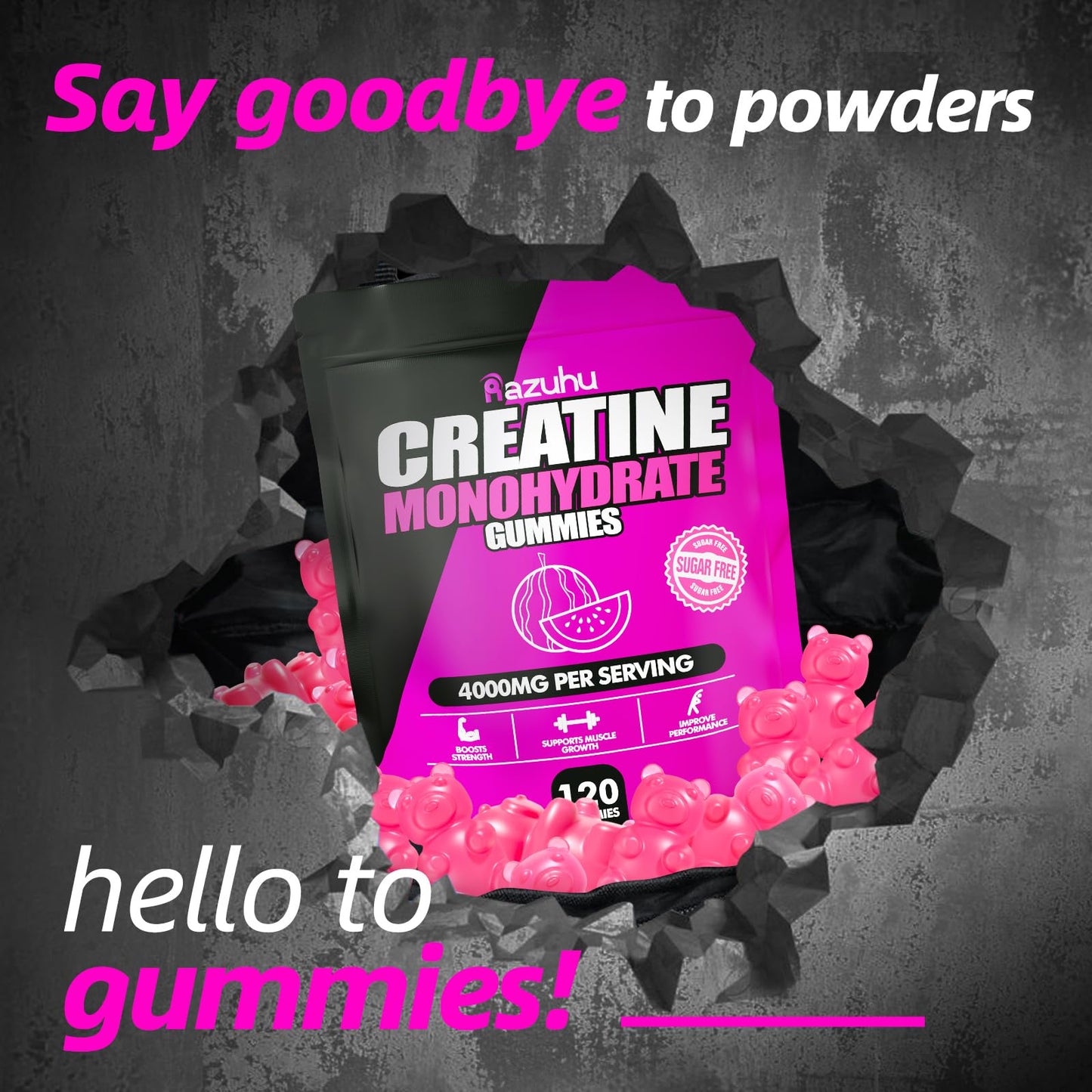 Creatine Monohydrate Gummies Sugar Free – Watermelon (120 count) | Pre-Workout for Men & Women