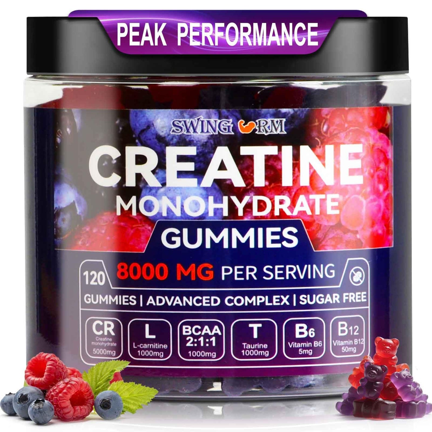 Swing Arm Creatine Monohydrate Gummies – 8000 mg/serving, 120 Vegan Sugar-Free (Raspberry & Blueberry)
