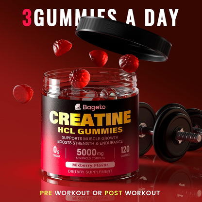 Creatine HCL Gummies for Men & Women | Sugar-Free, 120 Count Vegan Pre & Post Workout