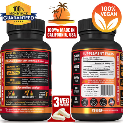 Creatine HCl Capsules with HMB – Muscle, Endurance & Strength | 180 Vegan Capsules