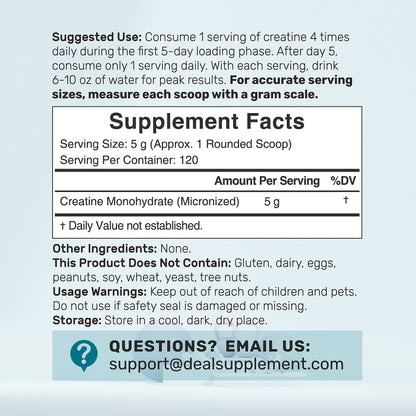 Instant Creatine Monohydrate Powder – 5g Serving, 120 Servings | Micronized, Unflavored, Fast Absorbing