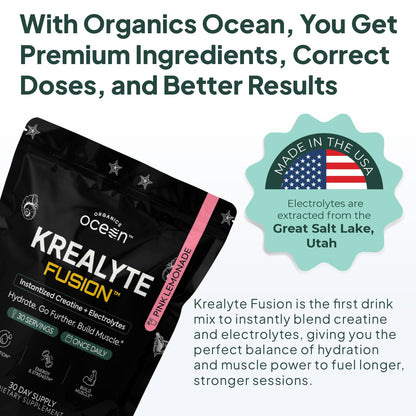 Organics Ocean Krealyte Fusion: Instantized Creatine Monohydrate + Electrolytes, Pink Lemonade, 30 Servings
