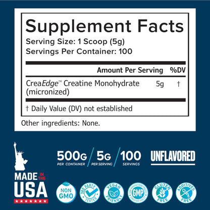 Creatine Monohydrate Powder 500g – 100 Servings, Unflavored (5g/serving) – Pure Micronized Creatine