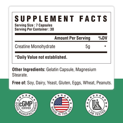 Creatine Monohydrate Capsules - Pure Micronized, Unflavored, 210 Capsules