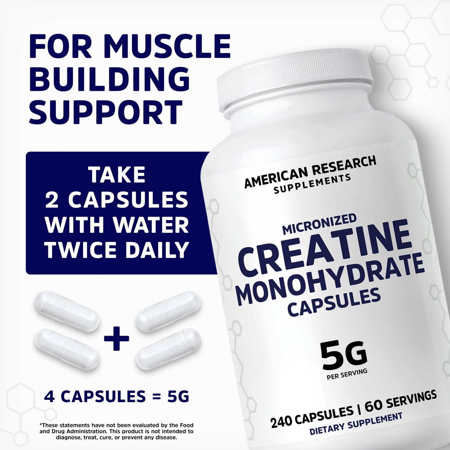 Creatine Monohydrate Capsules 5G – 60 Servings, 240 Capsules | Vegan
