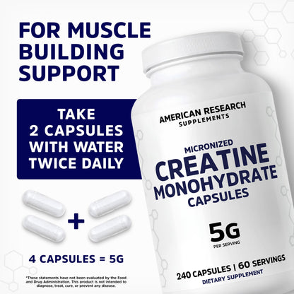 Creatine Monohydrate Capsules 5G – 60 Servings, 240 Capsules | Vegan