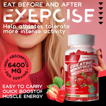 Creatine Monohydrate Gummies Complex – Advanced Formula with L-Taurine & Vitamin B12 | 90 Strawberry Gummies