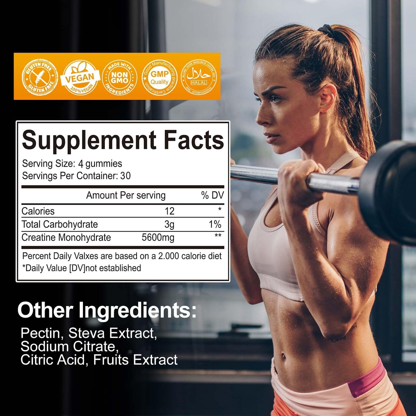 Creatine Monohydrate Gummies 5600mg – 120 CT, Sugar Free Vegan Pineapple Flavor