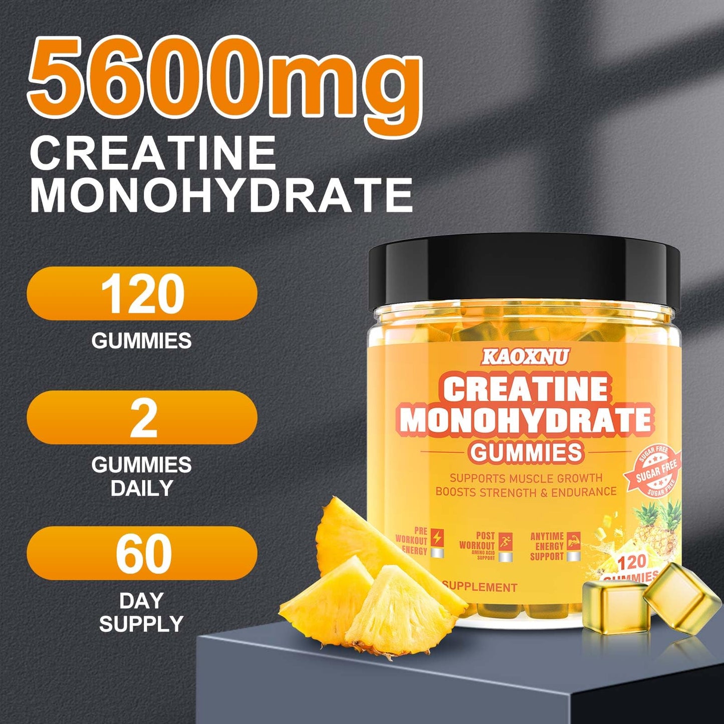 Creatine Monohydrate Gummies 5600mg – 120 CT, Sugar Free Vegan Pineapple Flavor
