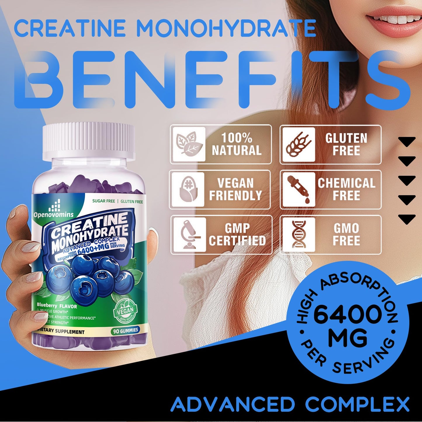 Creatine Monohydrate Gummies Complex – Sugar Free, 90 Blueberry Gummies | W-L-Taurine & Vitamin B12