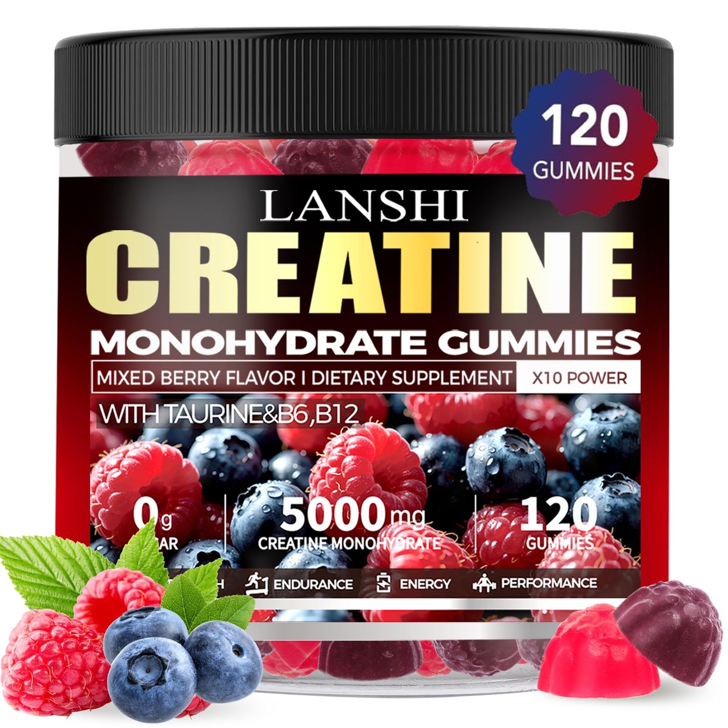 Creatine Monohydrate Gummies 5000mg – Sugar Free Pre-Workout (120 ct) Mixed Berry