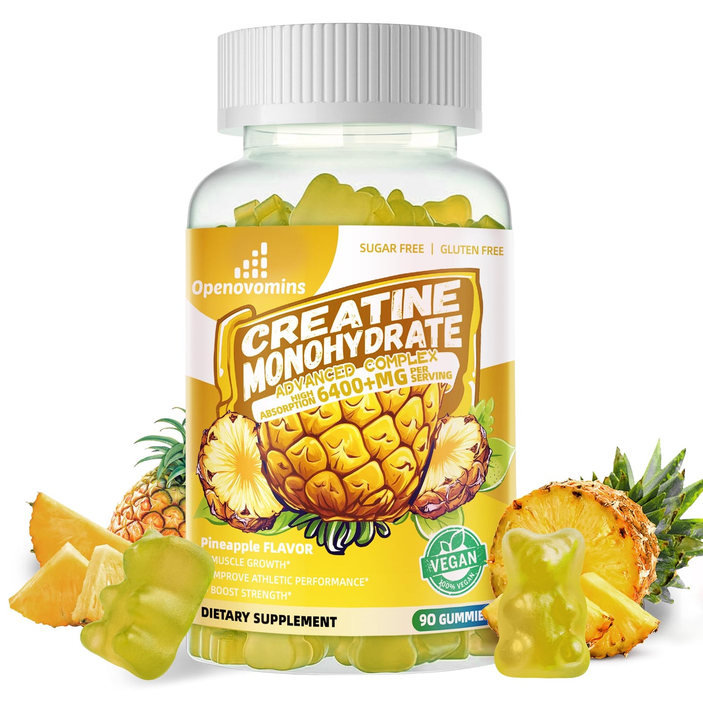 Creatine Monohydrate Gummies Complex – 6400mg per Serving, L-Taurine & Vitamin B12, Sugar Free Pineapple 90 Gummies