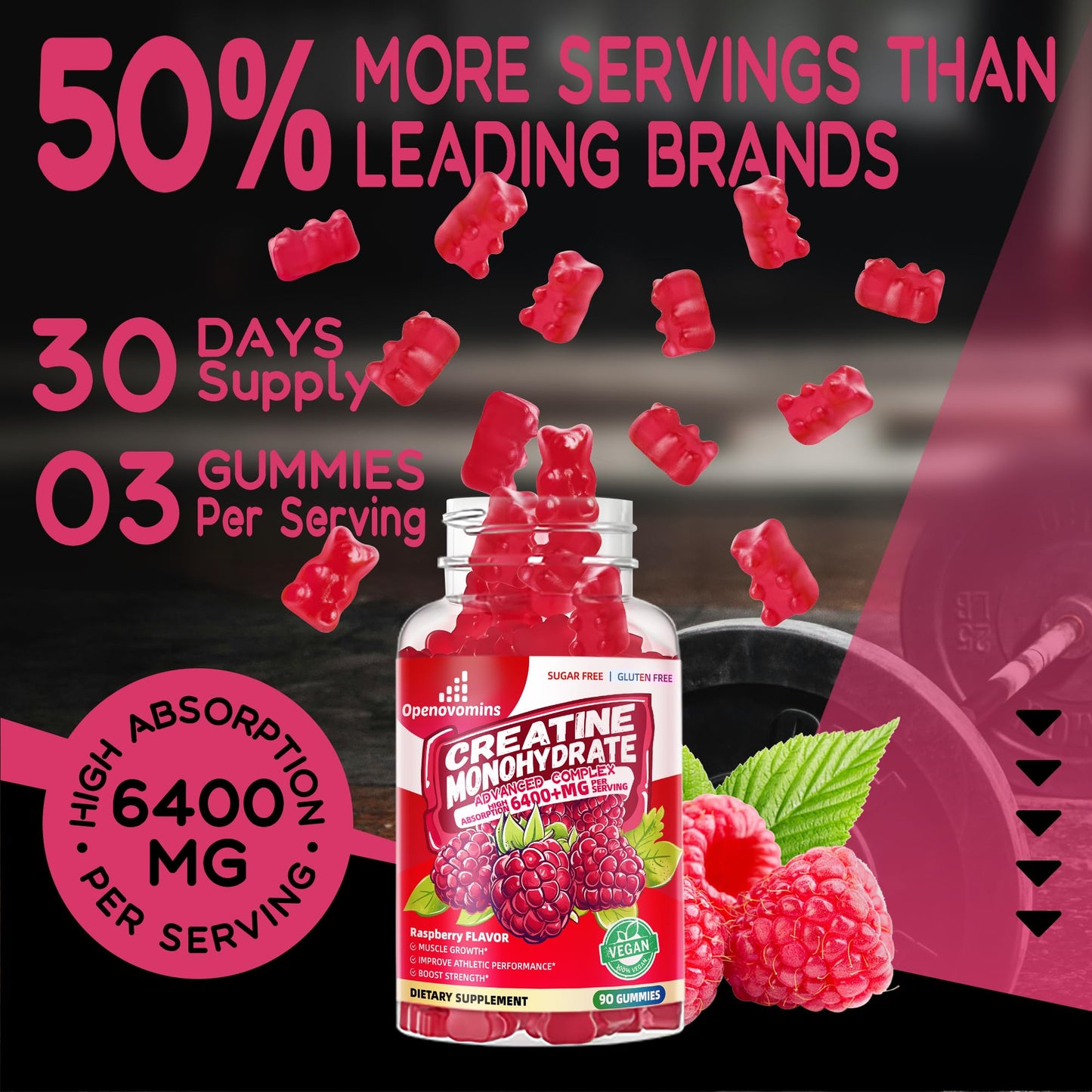 Creatine Monohydrate Gummies 6400mg – Sugar Free (90 Raspberry Gummies)