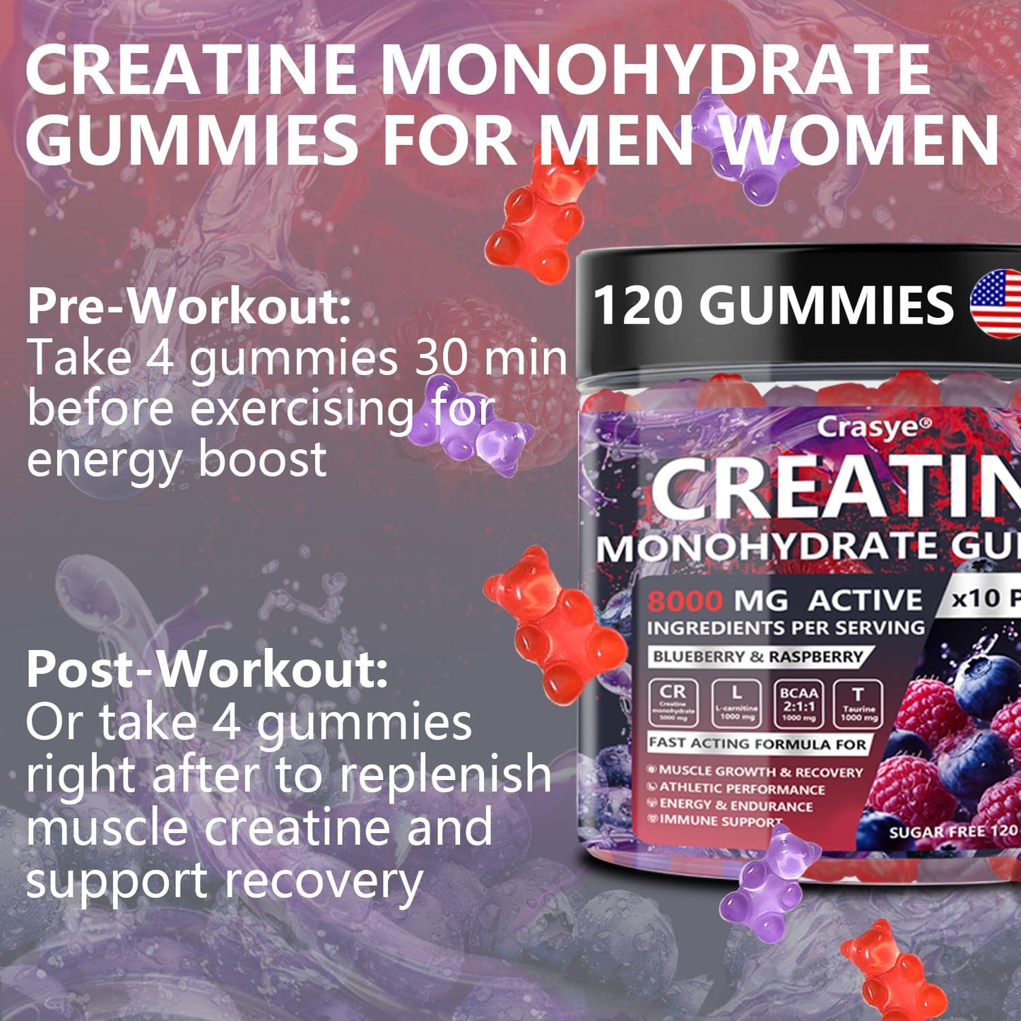 Creatine Monohydrate Gummies Complex 8000 MG for Men & Women | Energy & Muscle Support