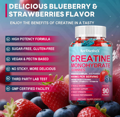 Creatine Monohydrate Gummies 8000mg with BCAA, L-Carnitine, Taurine & Vitamin B12 – Pre-Workout Supplement for Muscle Growth, 180 Count (Men & Women)
