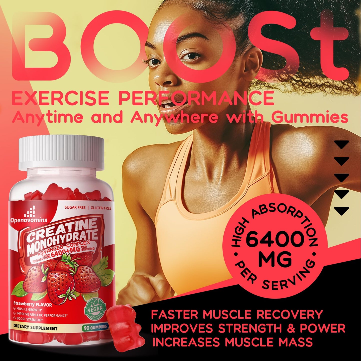 Creatine Monohydrate Gummies Complex – Advanced Formula with L-Taurine & Vitamin B12 | 90 Strawberry Gummies