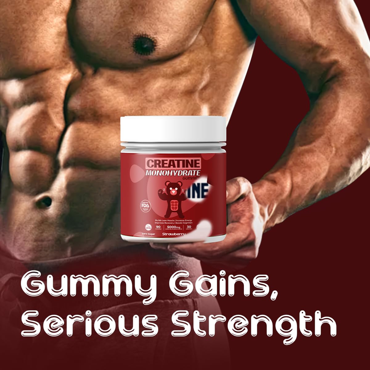 Big Bear Bites Creatine Monohydrate Gummies – 5000mg per Serving – Sugar Free, Gluten Free & Halal – 90 Gummies – Strawberry Flavor