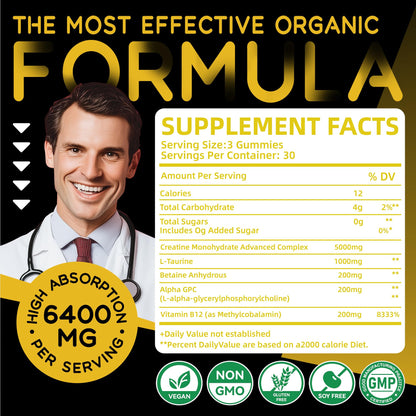Creatine Monohydrate Gummies Complex – 6400mg per Serving, L-Taurine & Vitamin B12, Sugar Free Pineapple 90 Gummies