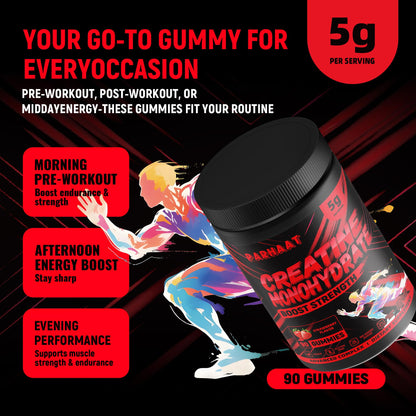 Creatine Monohydrate Gummies 5g for Men & Women - Boost Focus,Strength, and Endurance, Anti-Melting Formula, Vegan, Gluten-Free, Non-GMO, 2.5 Gram Creatine per Gummy (Strawberry 90 ct)