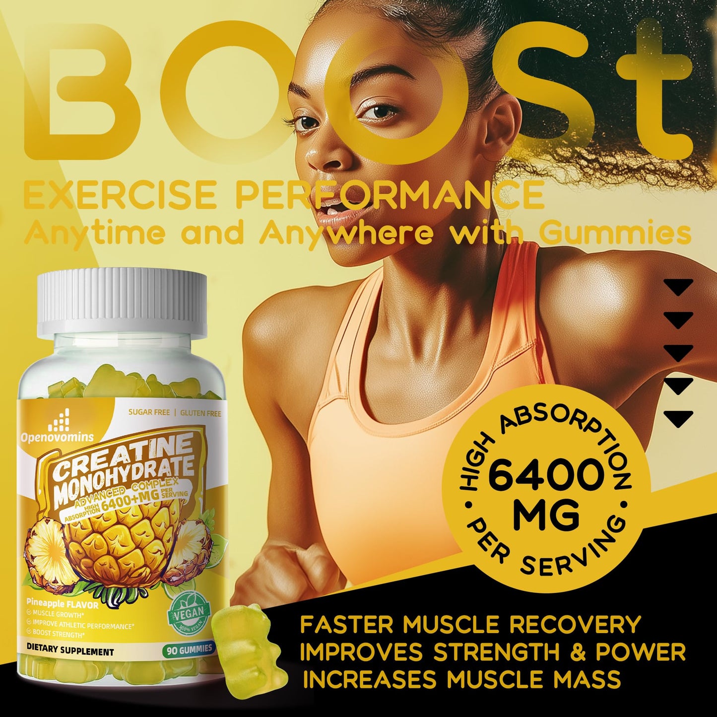 Creatine Monohydrate Gummies Complex – 6400mg per Serving, L-Taurine & Vitamin B12, Sugar Free Pineapple 90 Gummies