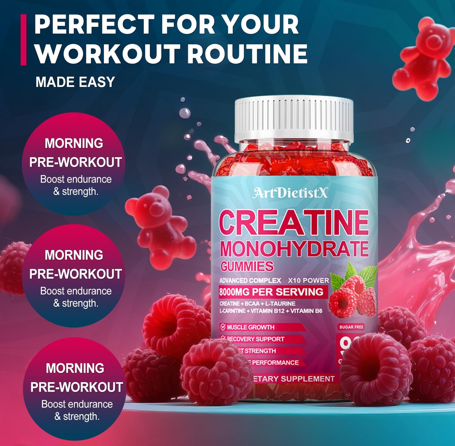 Creatine Monohydrate Gummies 8000mg with BCAA, L-Carnitine, Taurine & Vitamin B12 – Raspberry Flavor, 90 Count