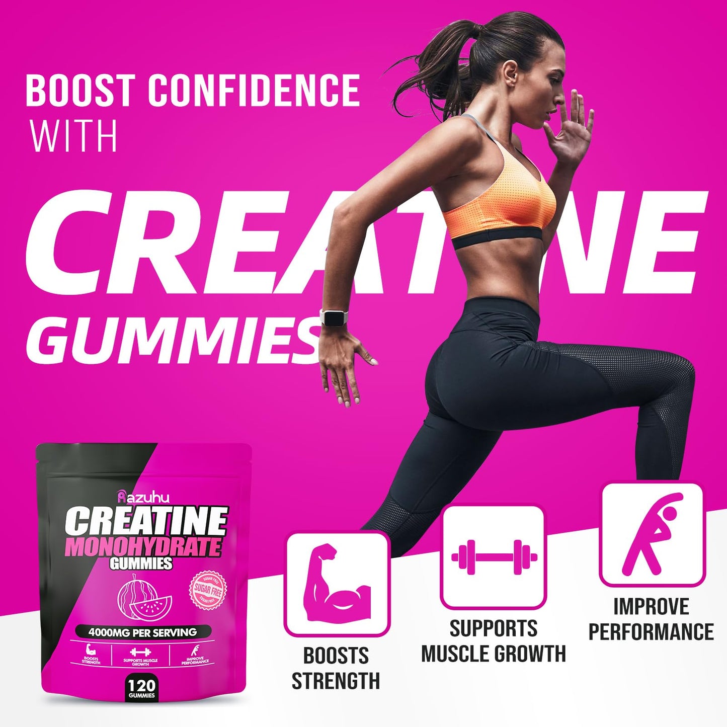 Creatine Monohydrate Gummies Sugar Free – Watermelon (120 count) | Pre-Workout for Men & Women