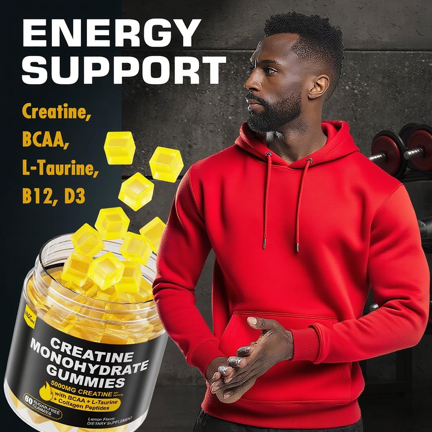 Creatine Monohydrate Gummies 5g per Serving - Sugar Free, Lemon Flavor | BCAA, Collagen, B12, D3 | 2 Pack