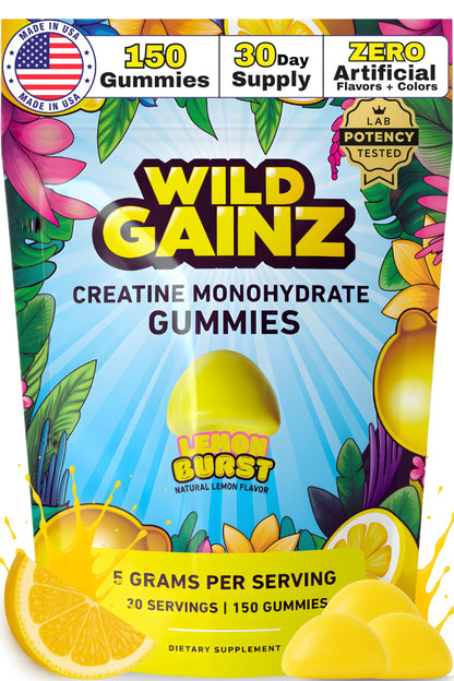 Creatine Monohydrate Gummies 5000mg – Made in USA, Vegan, Lemon | Muscle Growth & Focus
