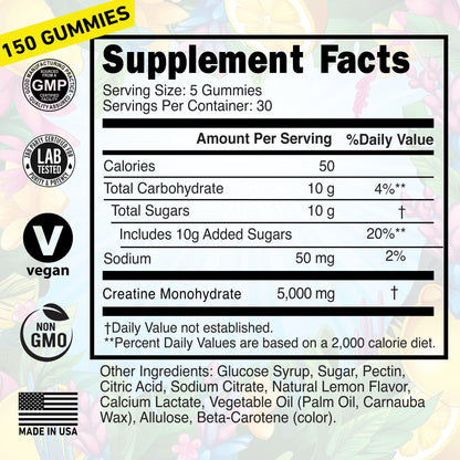 Creatine Monohydrate Gummies 5000mg – Made in USA, Vegan, Lemon | Muscle Growth & Focus