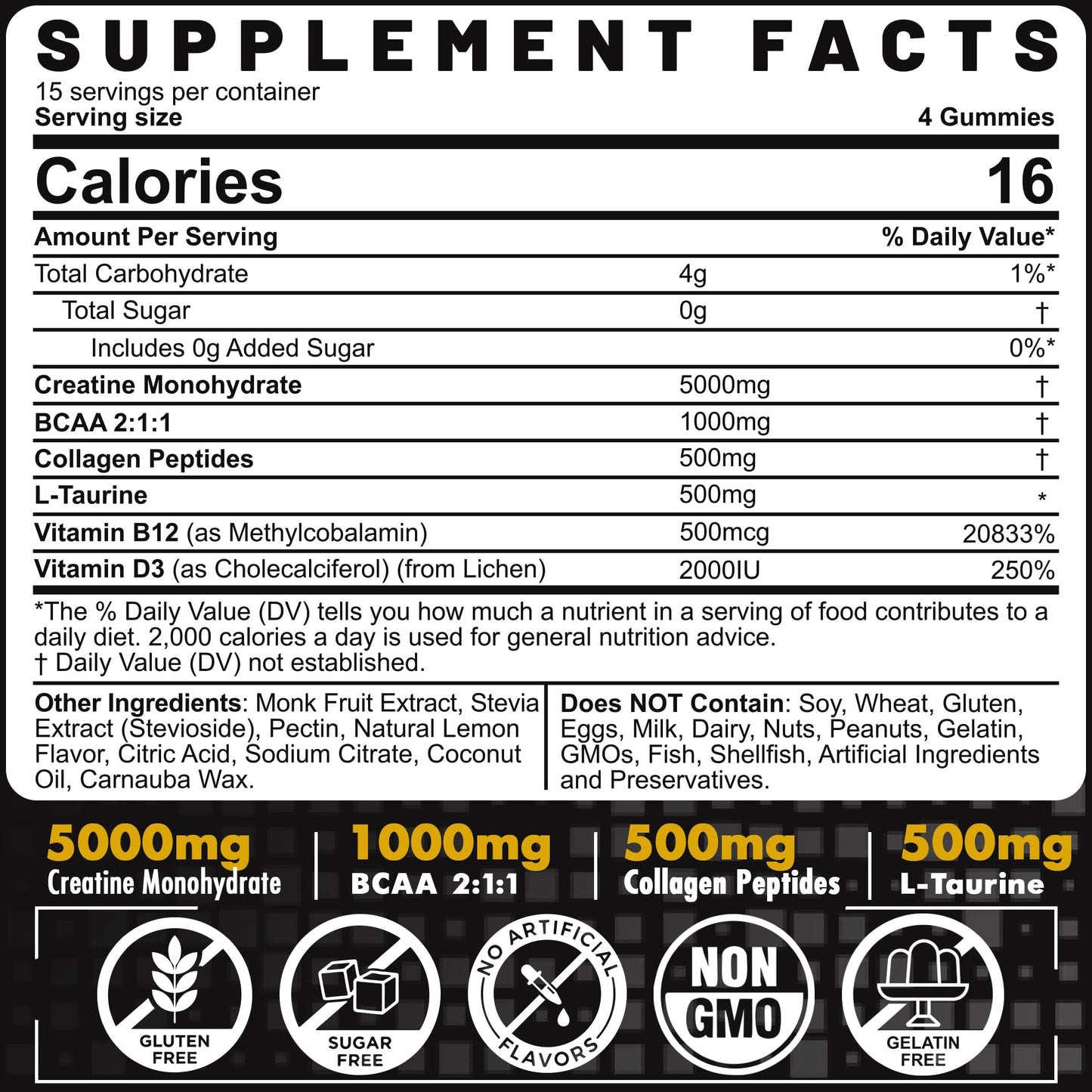 Creatine Monohydrate Gummies 5g per Serving - Sugar Free, Lemon Flavor | BCAA, Collagen, B12, D3 | 2 Pack