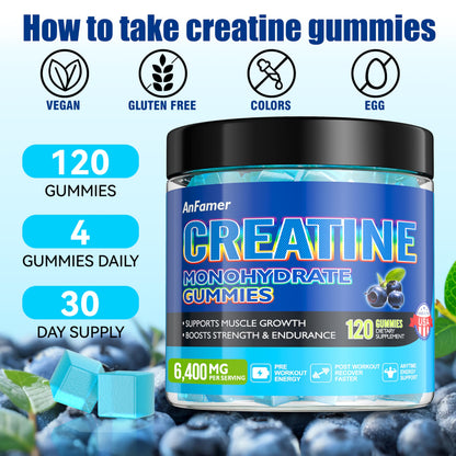 Creatine Monohydrate Gummies for Men & Women – 120 Count | Sugar Free, Vegan, Blueberry