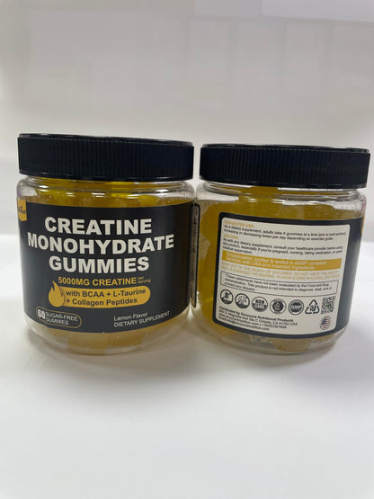Creatine Monohydrate Gummies 5g per Serving - Sugar Free, Lemon Flavor | BCAA, Collagen, B12, D3 | 2 Pack