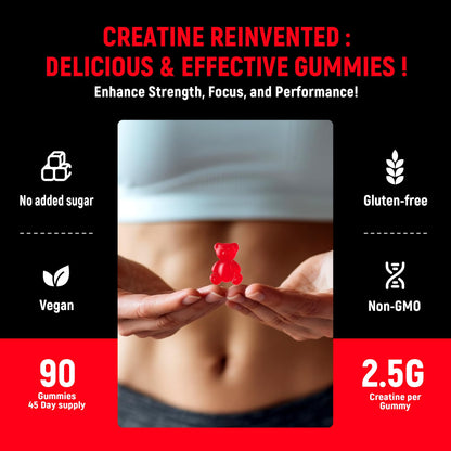 Creatine Monohydrate Gummies 5g for Men & Women - Boost Focus,Strength, and Endurance, Anti-Melting Formula, Vegan, Gluten-Free, Non-GMO, 2.5 Gram Creatine per Gummy (Strawberry 90 ct)