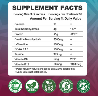 Creatine Monohydrate Gummies with BCAA & L-Carnitine – Pineapple Flavor, 180 Count