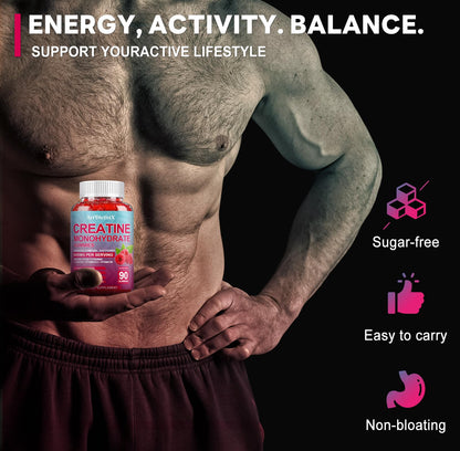 Creatine Monohydrate Gummies 8000mg – BCAA, L-Carnitine & B12 – Raspberry Pre-Workout (180 Count)