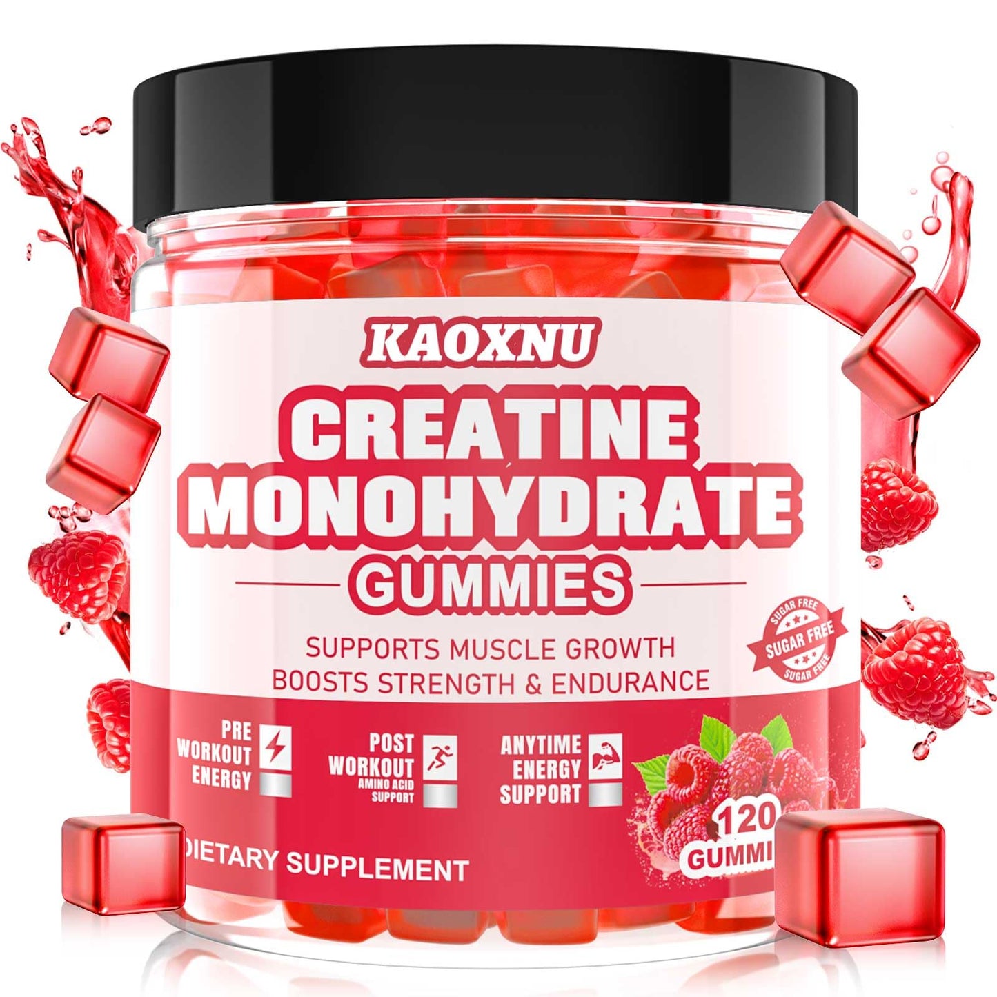 Creatine Monohydrate Gummies – 120 CT, 5000mg/Serving, Sugar Free Raspberry (Men & Women)